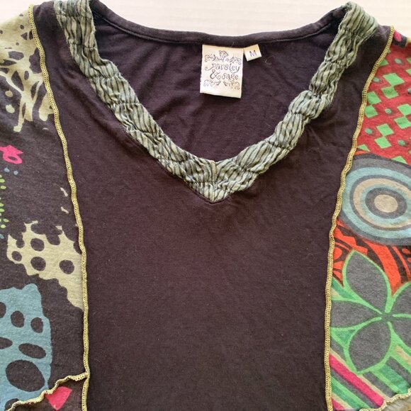 Parsley & Sage Womens Black Abstract Patchwork Print 100% Rayon Top Sz M V neck - Picture 4 of 13